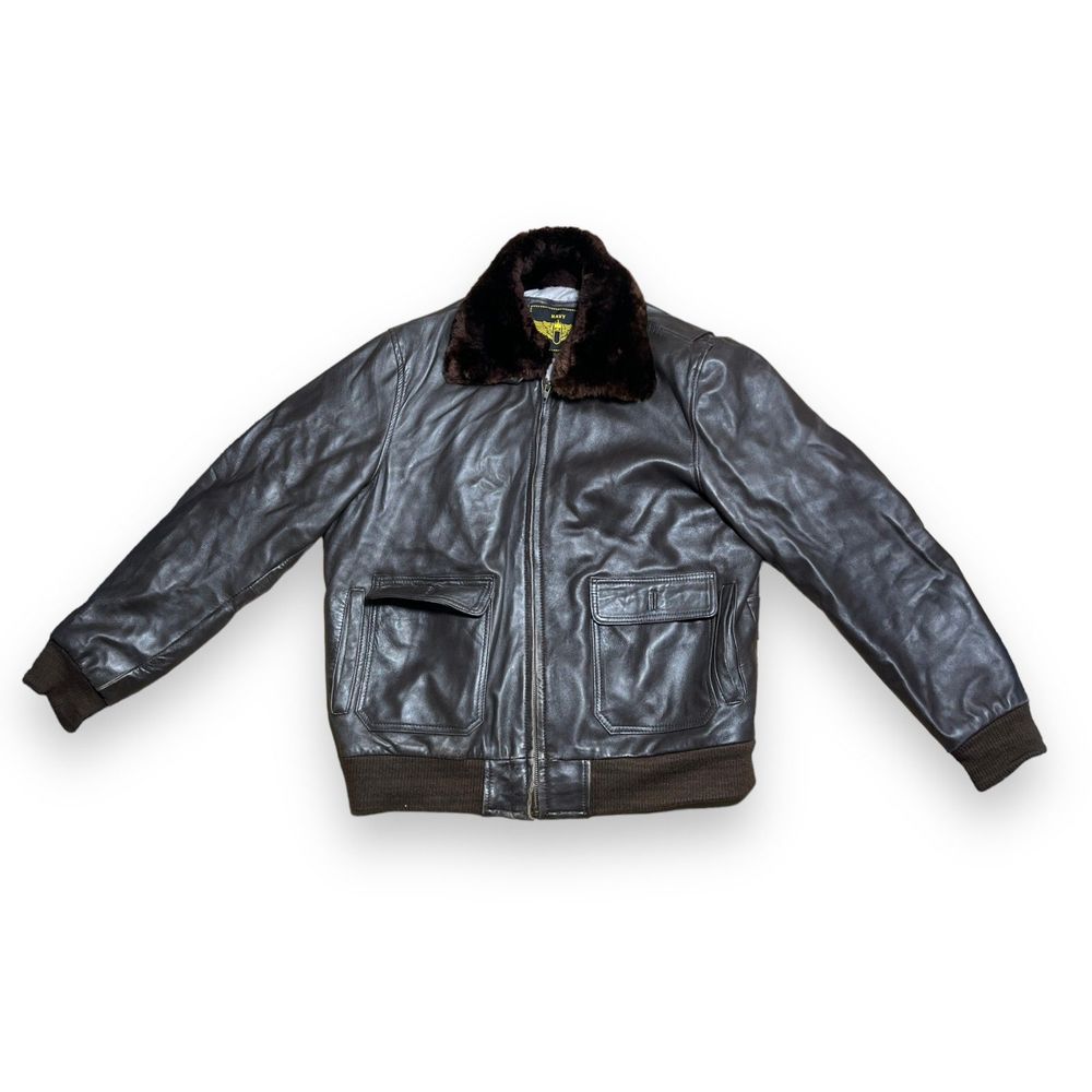Navy Bomber Jacket Leather Brown w/ Fur Mens XL